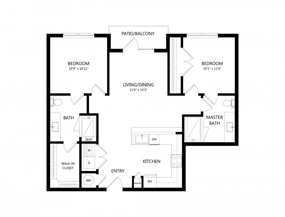 A two-bedroom apartment floor plan with a living room, kitchen, and two bathrooms.