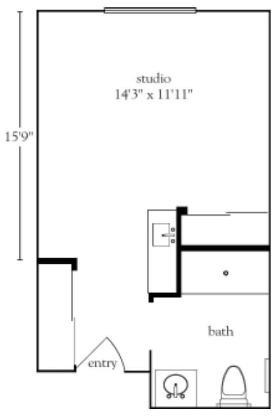 This is a floor plan of a studio apartment, showing dimensions and layout.