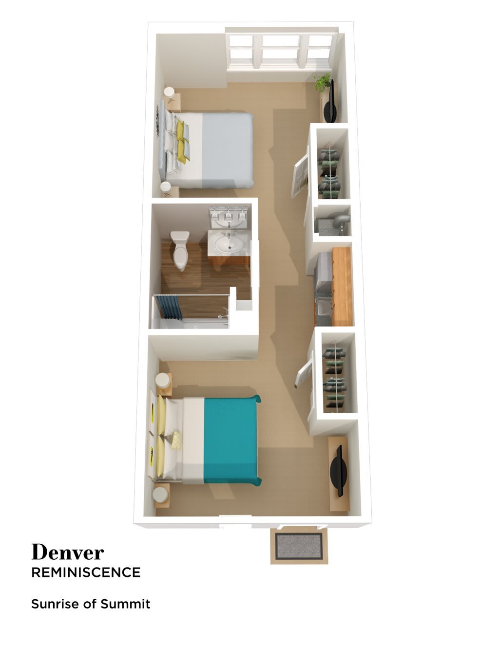A 3D rendered floor plan of a two-bedroom apartment with labeled rooms.