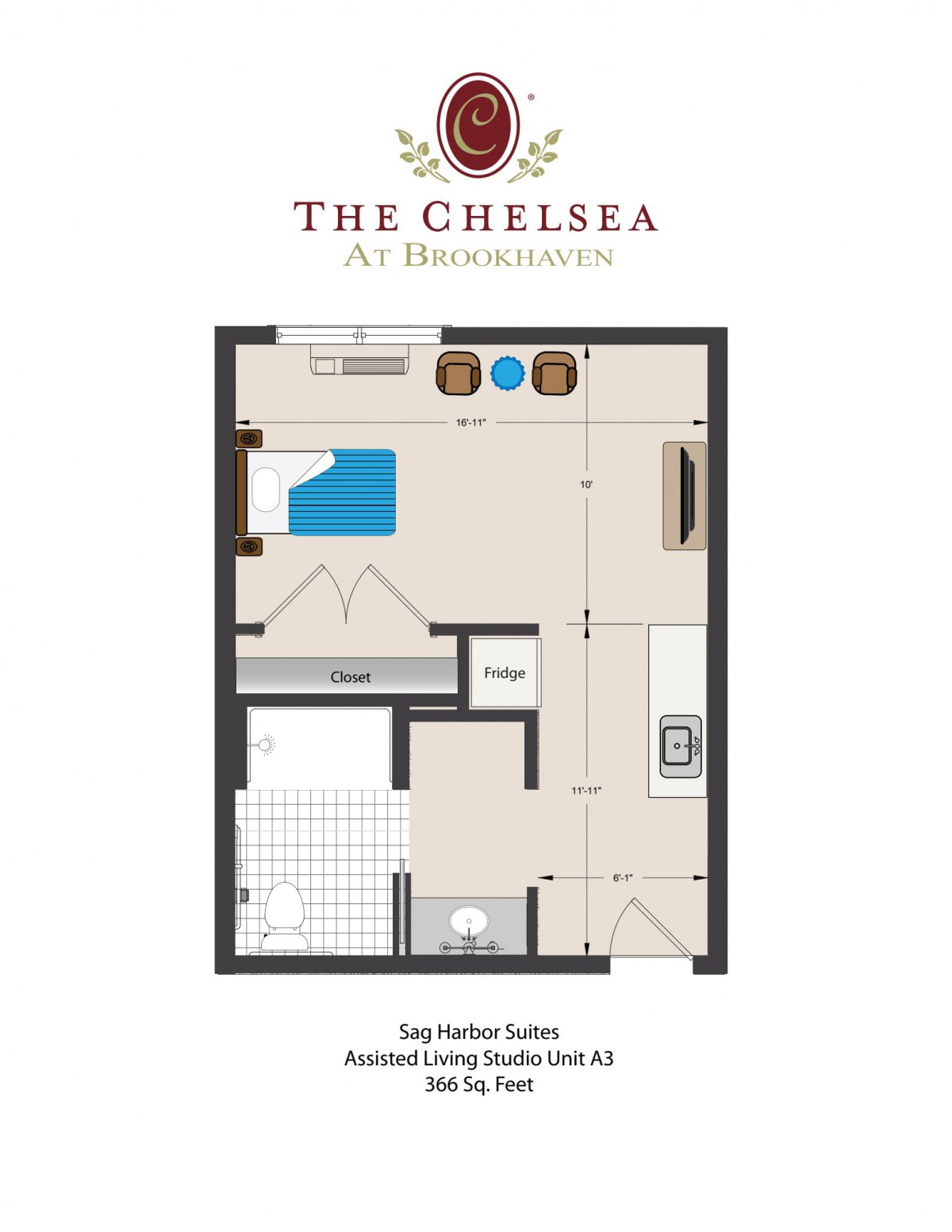 Studio apartment floor plan for The Chelsea at Hanover Square.