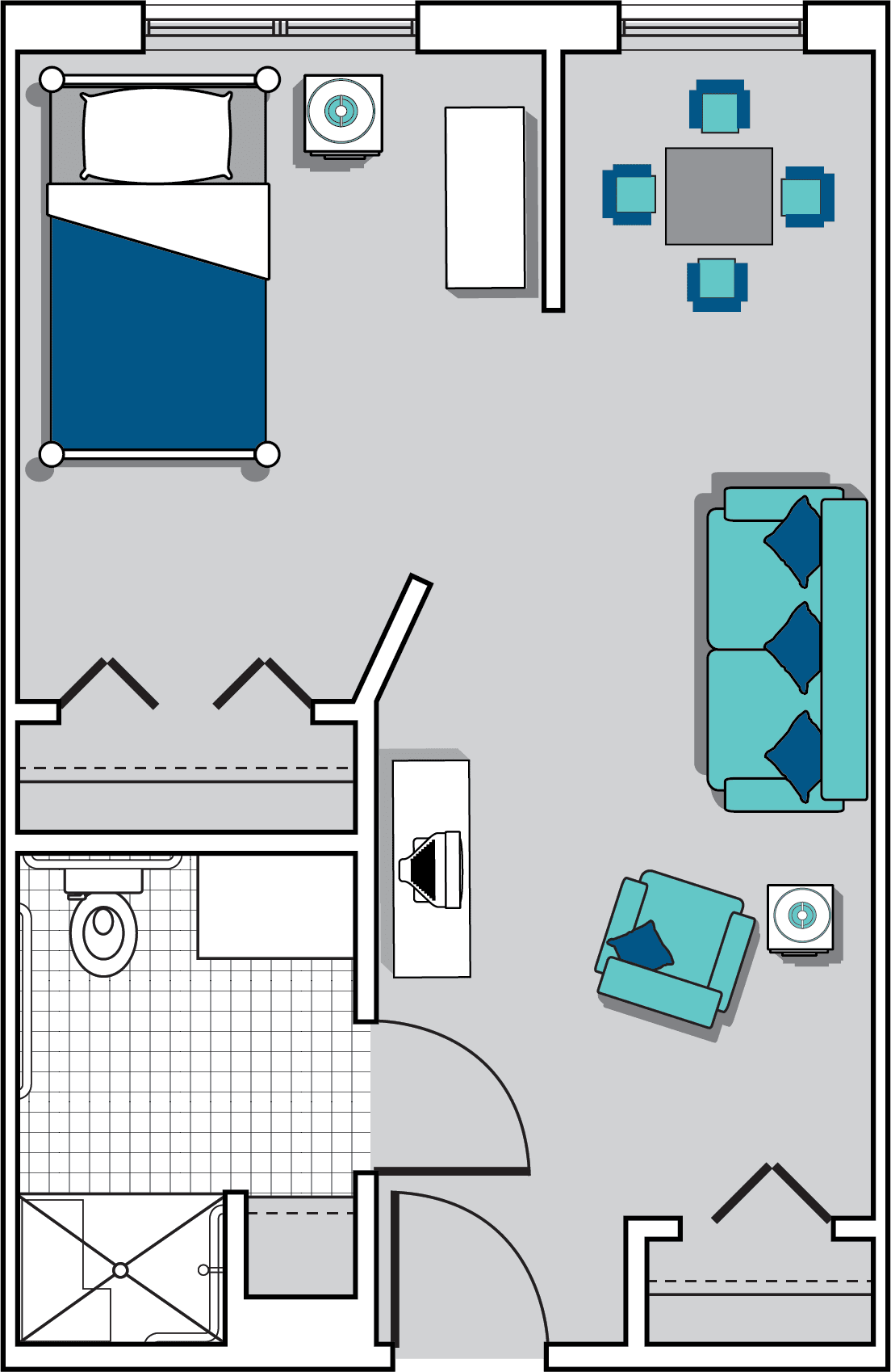 A floor plan featuring a bedroom, bathroom, and living room area with furniture placement.
