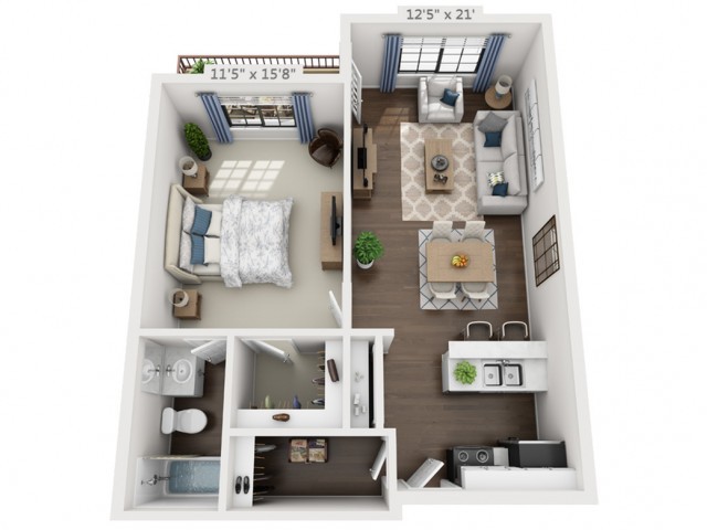 A 3D floor plan of a one-bedroom apartment with a living room, kitchen, and bathroom.