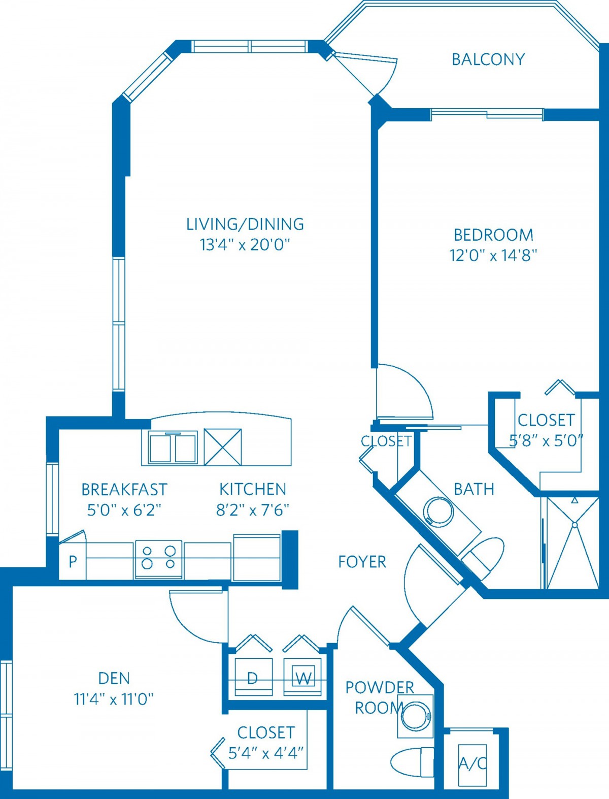 A detailed floor plan of an apartment, showcasing one bedroom, a living/dining area, kitchen, and bathroom.