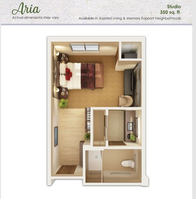 3D floor plan of a one-bedroom apartment layout.