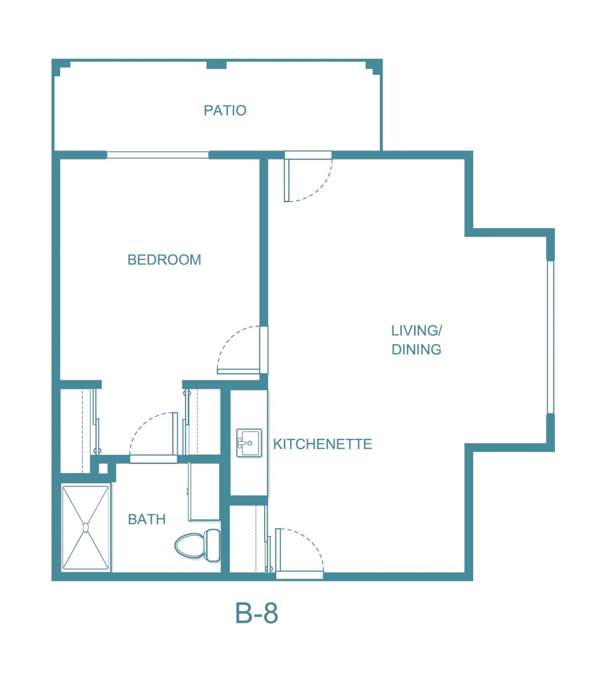 Floor plan of a one-bedroom apartment with living area, kitchenette, bathroom, and patio.