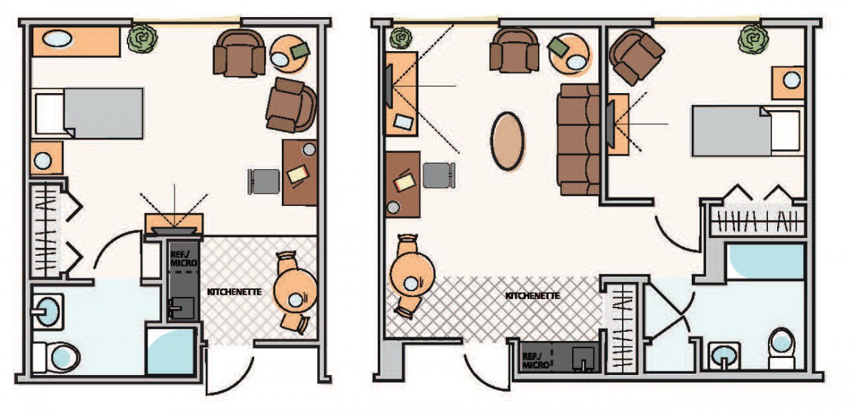 A detailed floor plan showing the layout and furniture arrangement for two apartments.