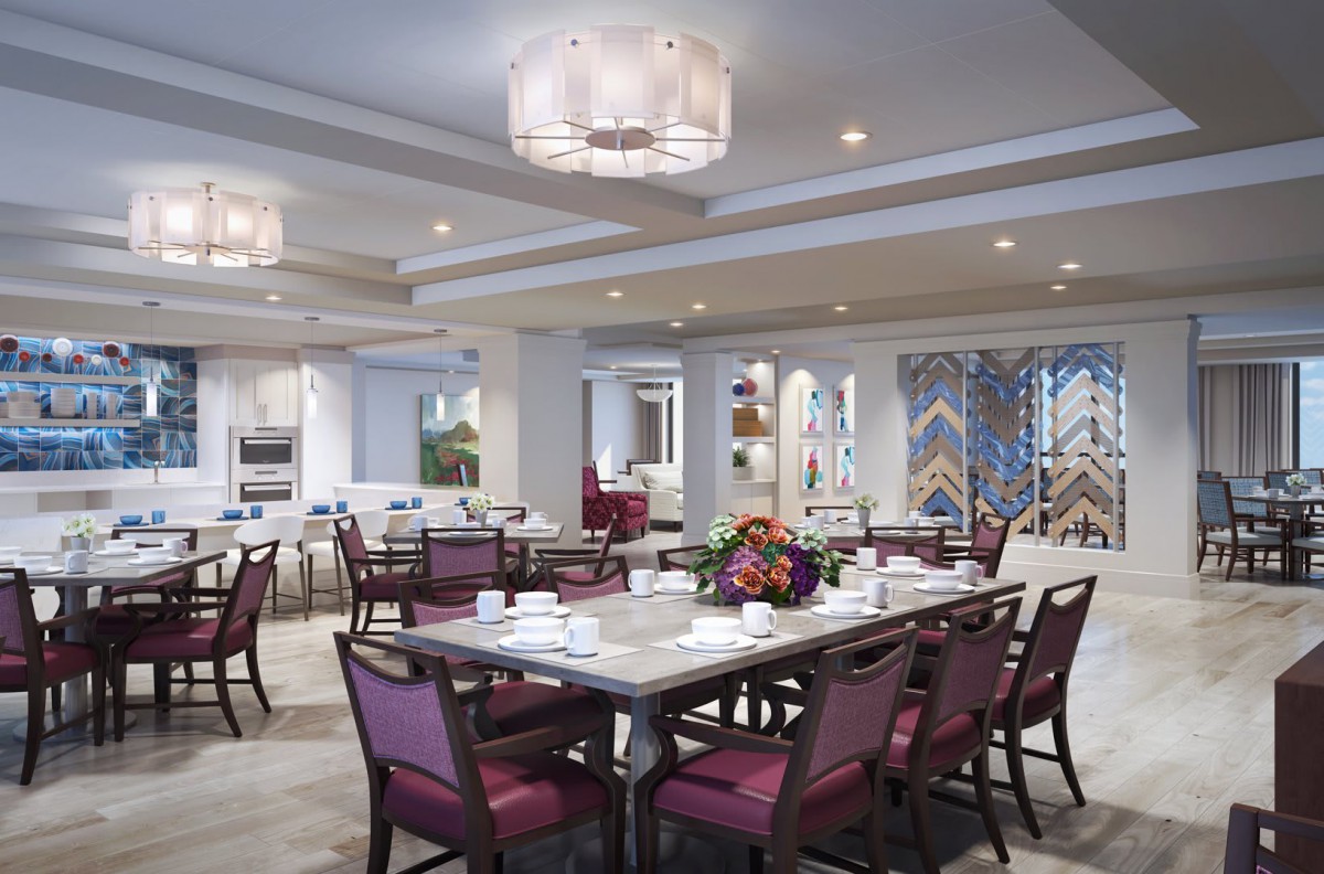 An elegant dining room with beautifully arranged tables and chairs, featuring stylish chandeliers and intricate decor.