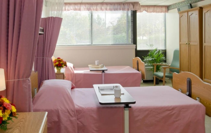 A hospital room with two patient beds covered in pink linens, separated by a curtain, and brightened by natural light from large windows.