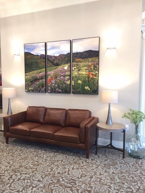 A cozy living room with a leather sofa, wall art, and modern lamps.