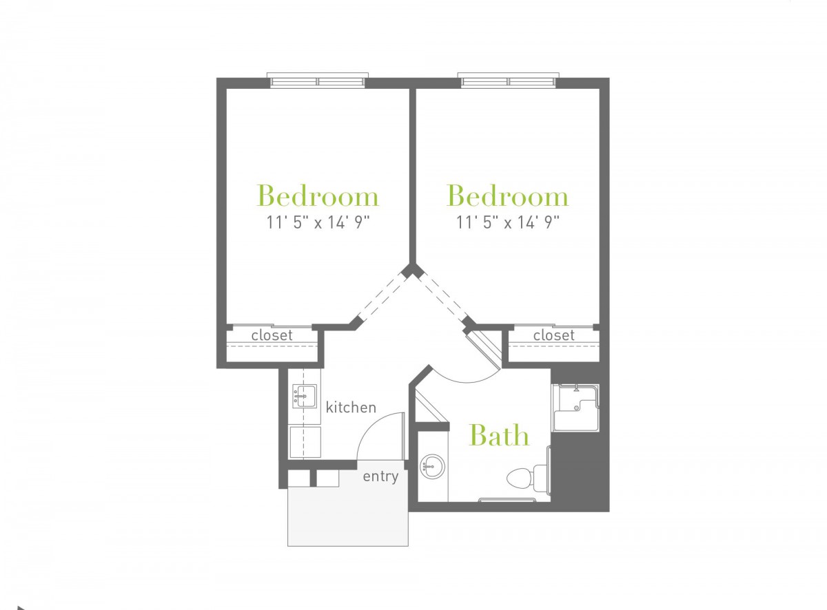 A floor plan of a two-bedroom apartment with labeled dimensions for each room.