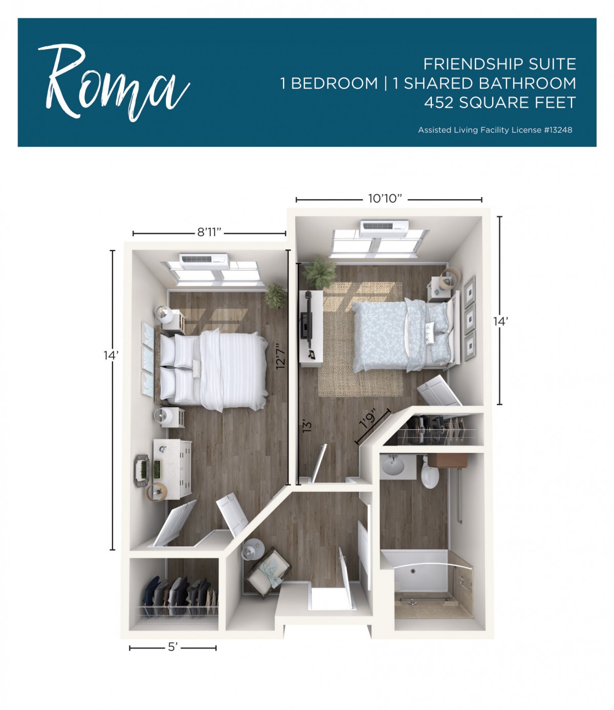 3D floor plan of a one-bedroom, one-bathroom suite measuring 402 square feet.