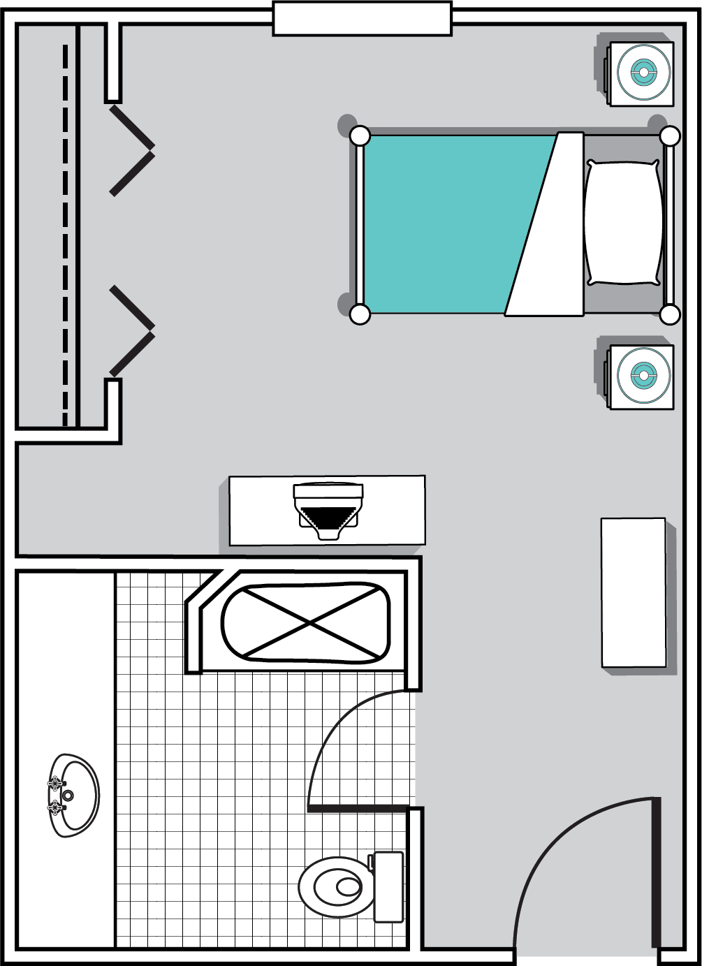 A simple floor plan showing a bedroom and bathroom layout.