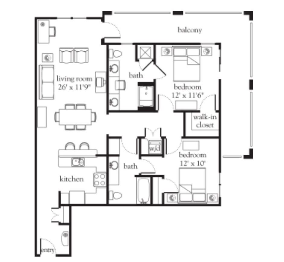 A detailed floor plan of an apartment showing the layout of rooms, including the kitchen, living area, bedrooms, bathrooms, and a balcony.