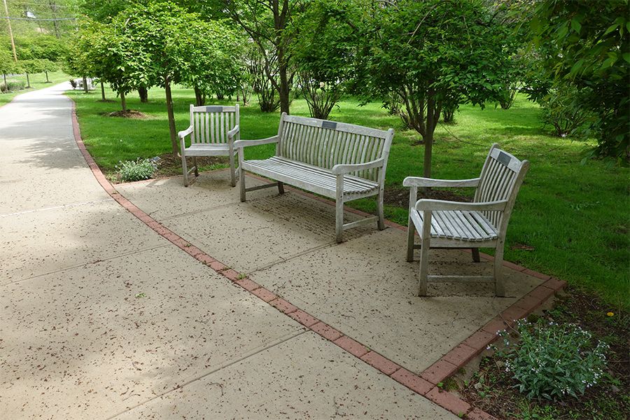 A peaceful garden setting with a bench and chairs on a patio.
