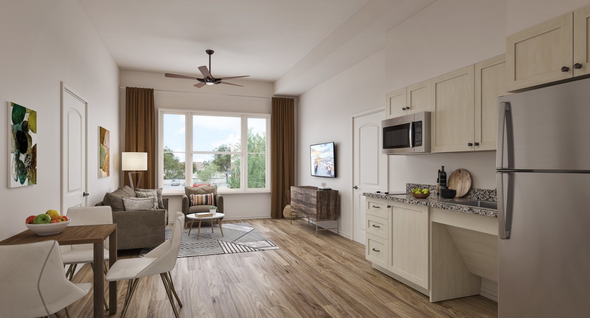 Modern open-plan apartment with a cozy living area and kitchen.
