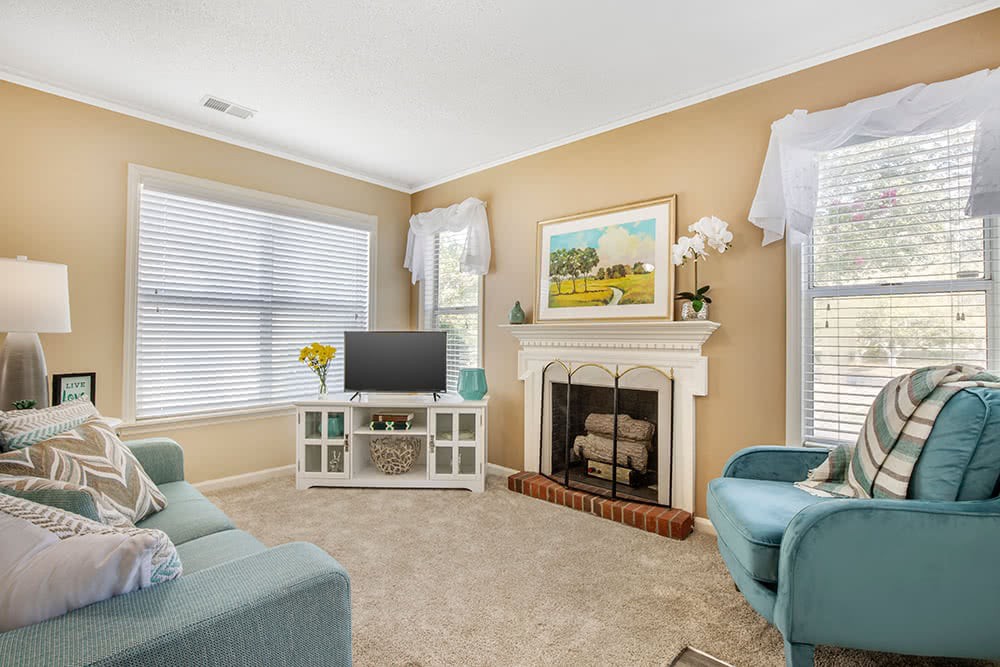A cozy living room featuring a fireplace, comfortable seating, and tasteful decorations.