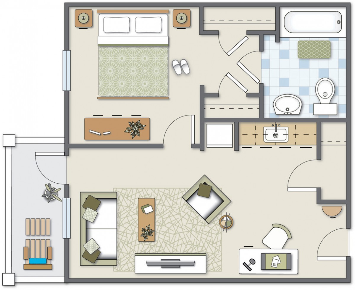 A detailed floor plan of a cozy apartment featuring a bedroom, living room, kitchen, and bathroom.