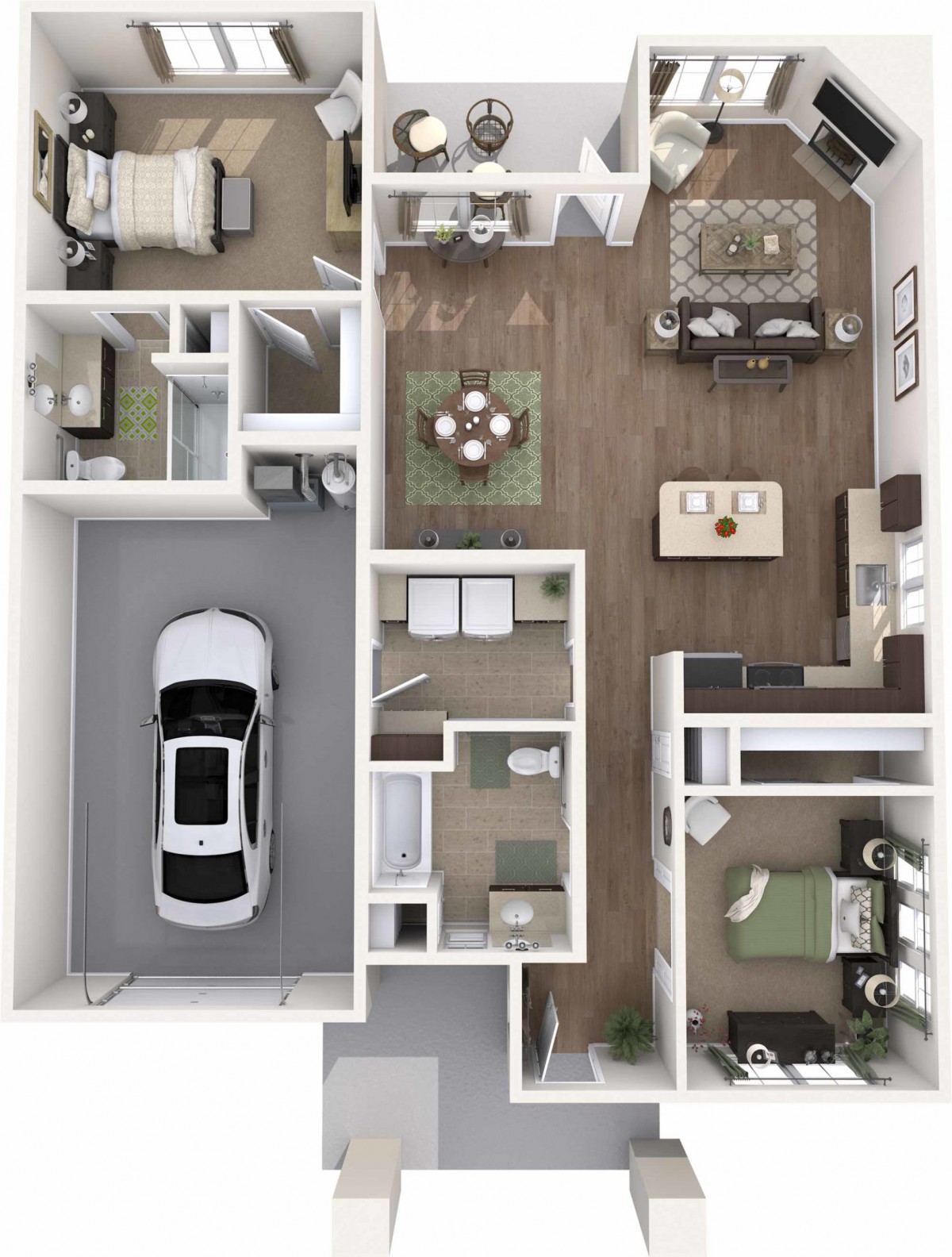 A detailed floor plan of an apartment including two bedrooms, a living area, kitchen, and garage.