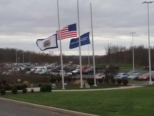 Flags at half-mast in a parking area on a cloudy day.