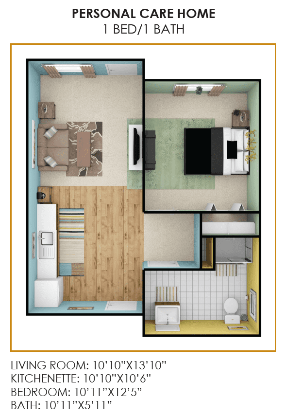 A detailed floor plan of a one-bedroom apartment featuring a living room, kitchen, and bathroom.