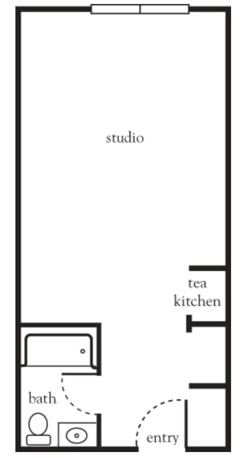 A simple floor plan of a studio with a tea kitchen.