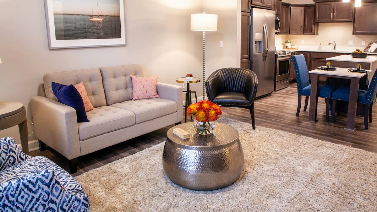 A cozy and modern living room with a sofa, coffee table, and stylish decor.