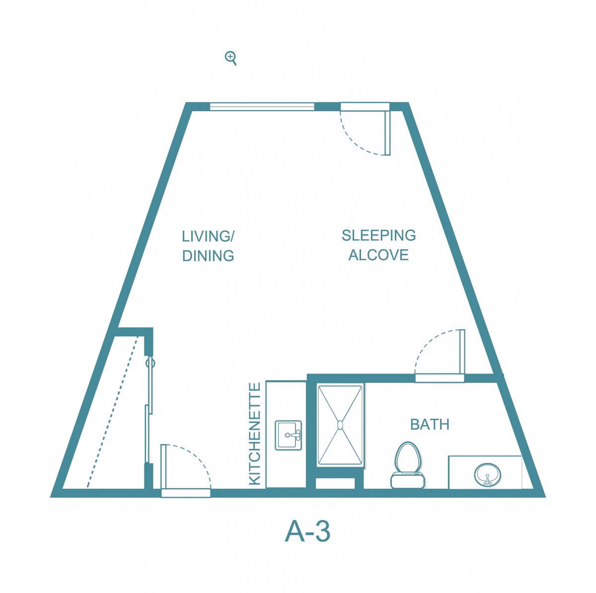 Floor plan of a studio apartment with distinct living/dining and sleeping areas.