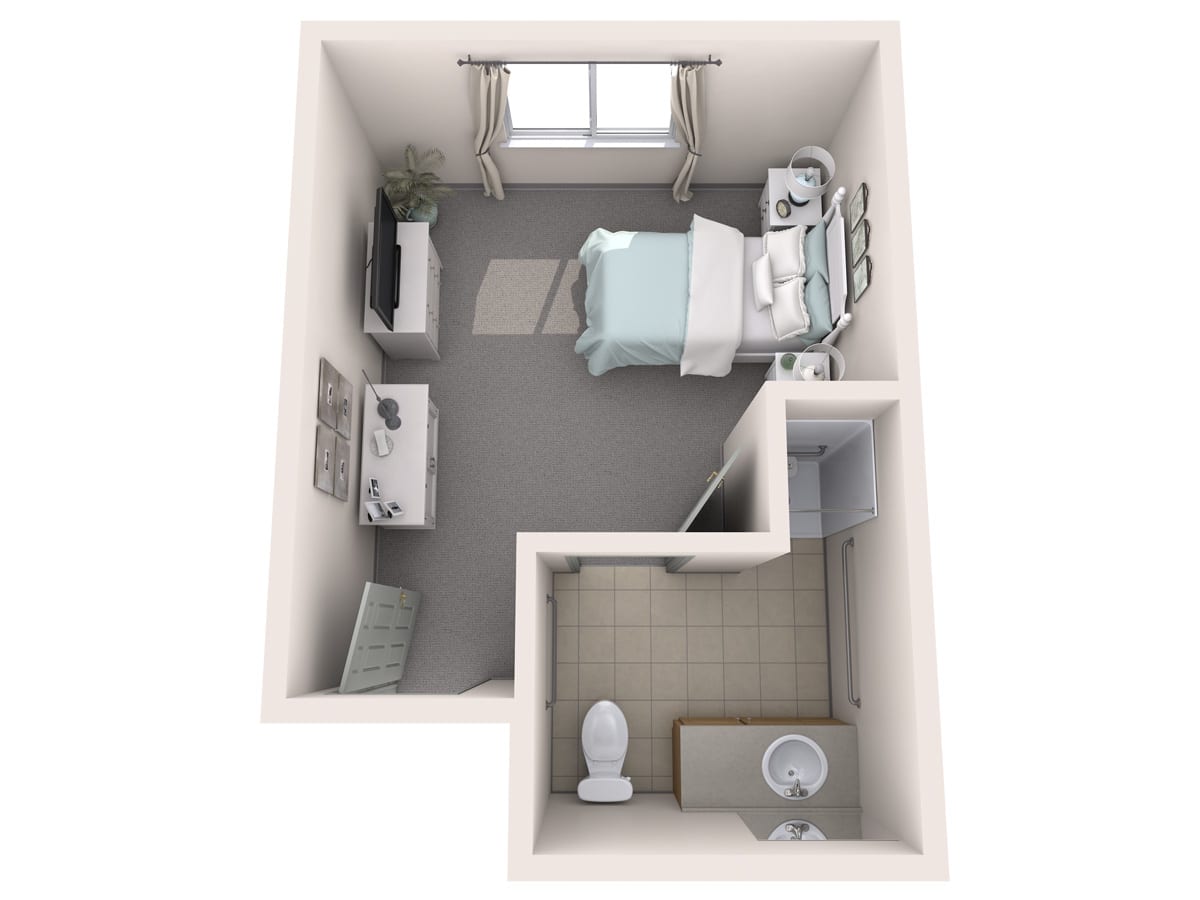 3D floor plan of a one-bedroom unit with an attached bathroom.
