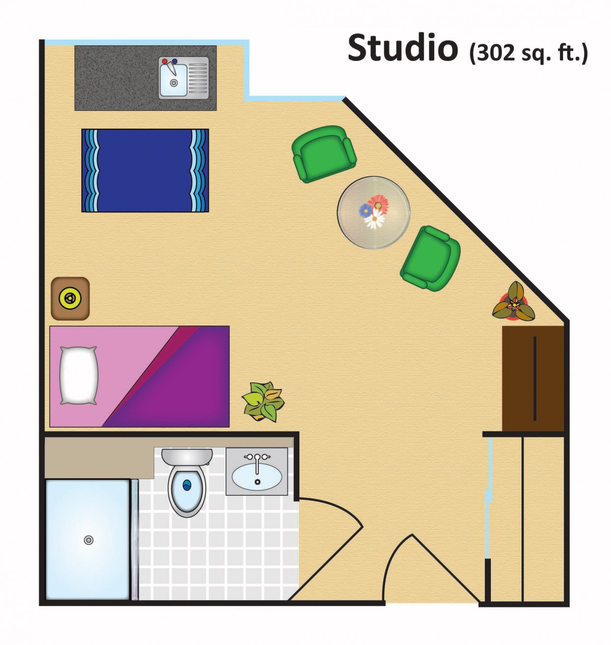 Studio apartment floor plan with a compact and efficient layout featuring a bed, kitchenette, seating area, and bathroom.