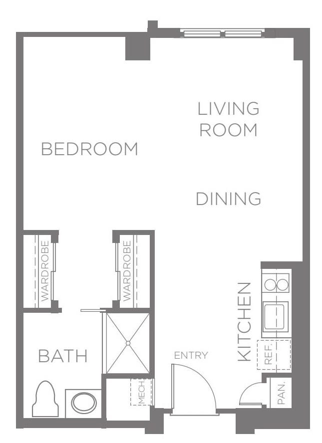 A floor plan of a one-bedroom apartment featuring a living room, dining area, kitchen, and bathroom.