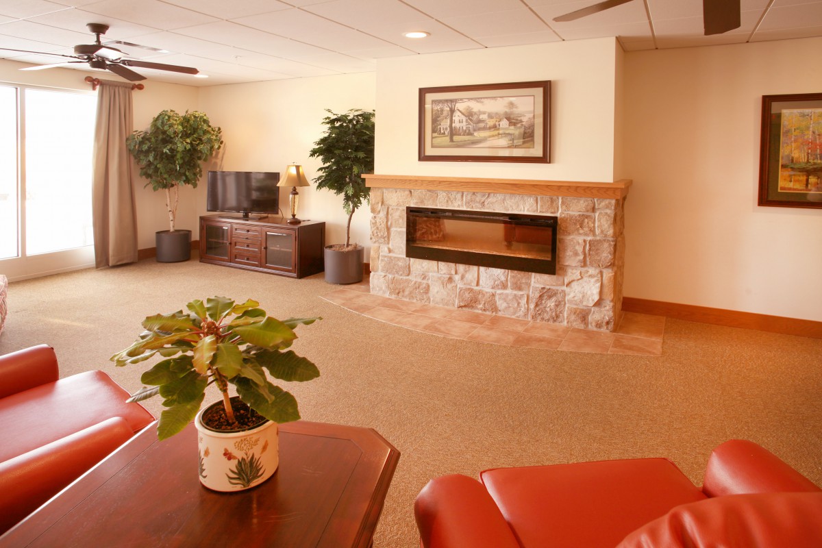 A cozy living room featuring a stone fireplace, television, and potted plants.