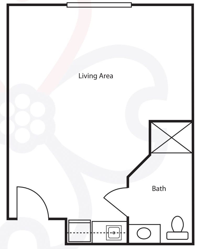 A floor plan of a studio apartment with a living area and bath.