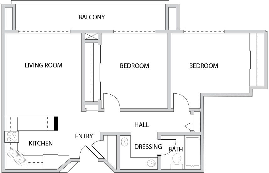 A floor plan of an apartment showing the entry, three bedrooms, a hall, dressing area, bathroom, and balcony.
