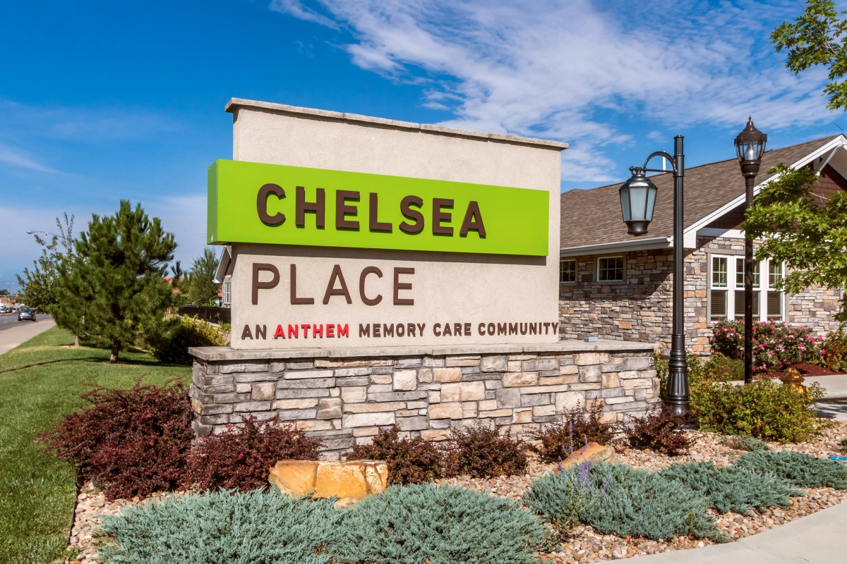 Sign for Chelsea Place, an Anthem Memory Care community.