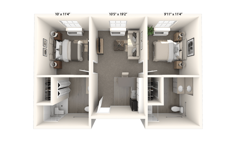 3D floor plan of a two-bedroom apartment with a shared bathroom.