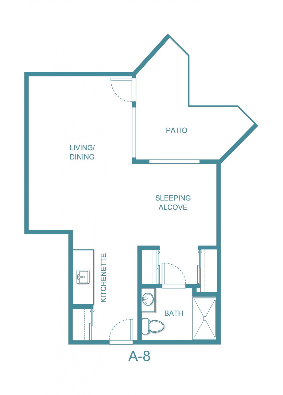 Studio apartment floor plan with living/dining area and sleeping alcove.