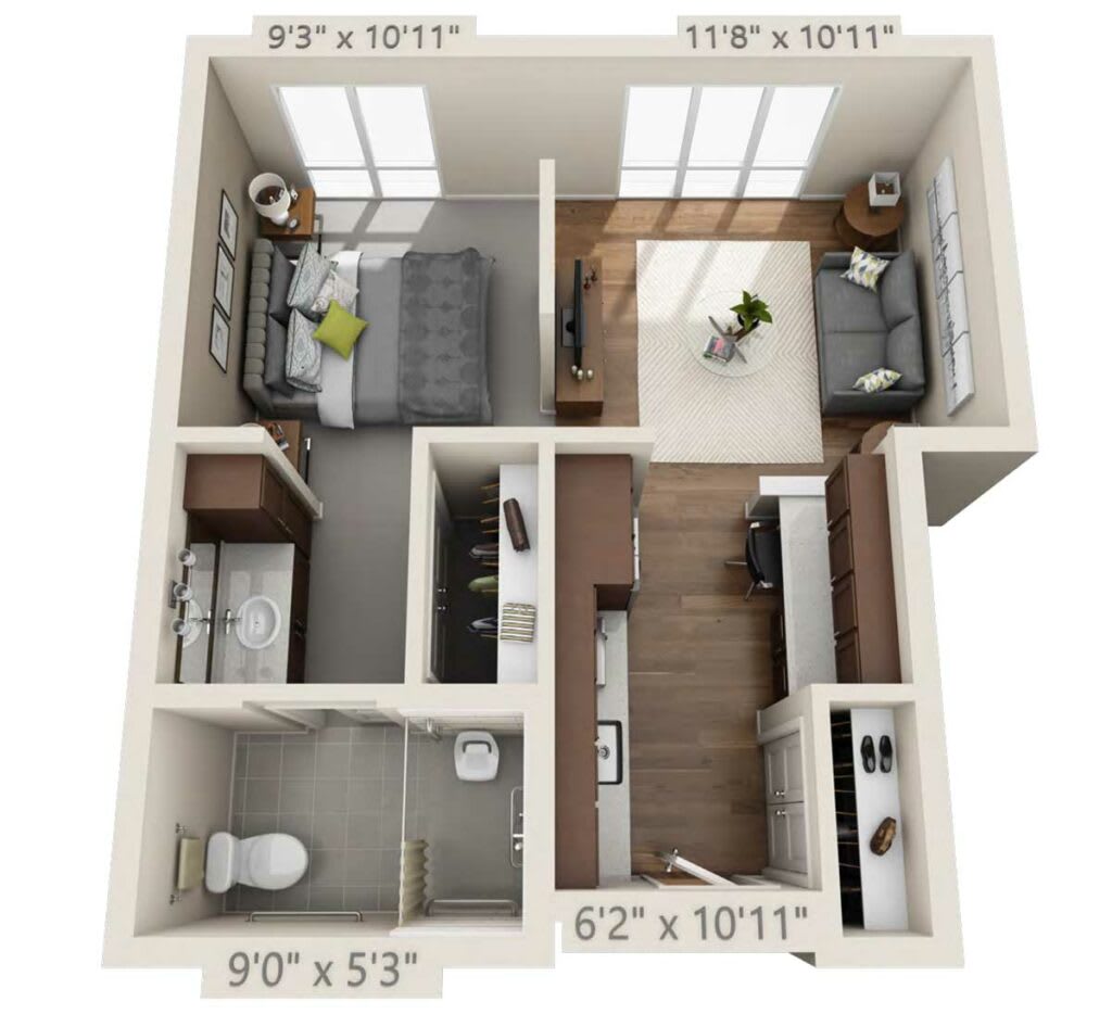 3D floor plan of a compact apartment with one bedroom, living room, kitchen, and bathroom.