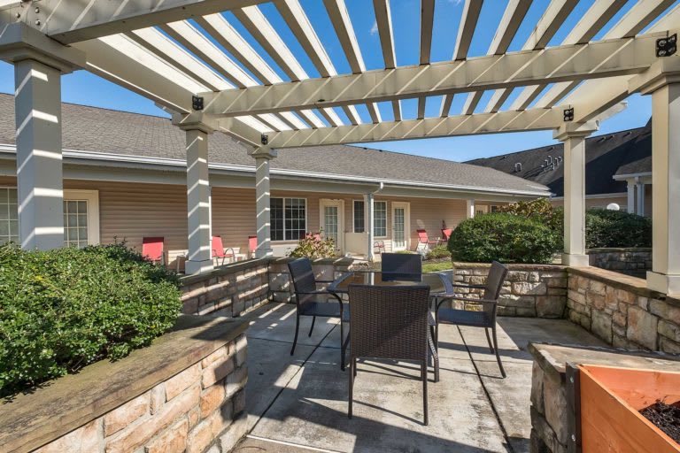 A sunny patio area with a pergola, table, and chairs, surrounded by greenery.