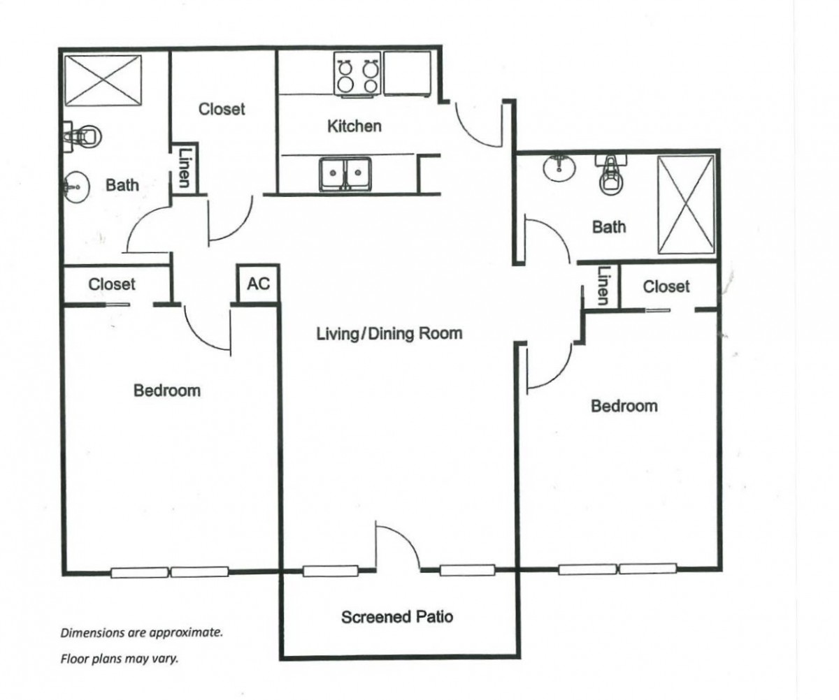 Floor plan of a two-bedroom apartment with living/dining area, kitchen, and two bathrooms.