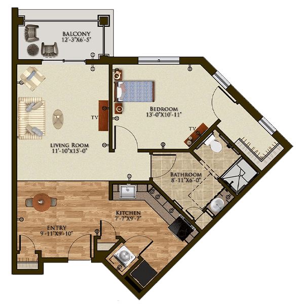 A one-bedroom apartment floor plan with a living room, kitchen, bathroom, and balcony.