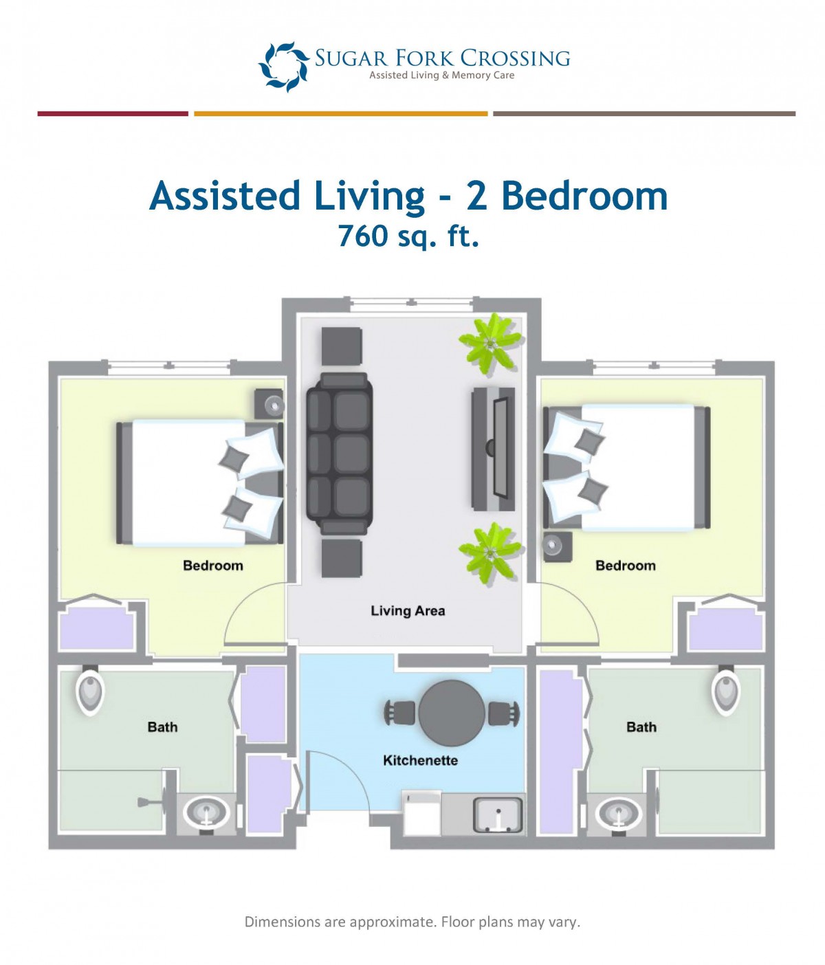 A floor plan for a 760 sq. ft. assisted living unit with two bedrooms.
