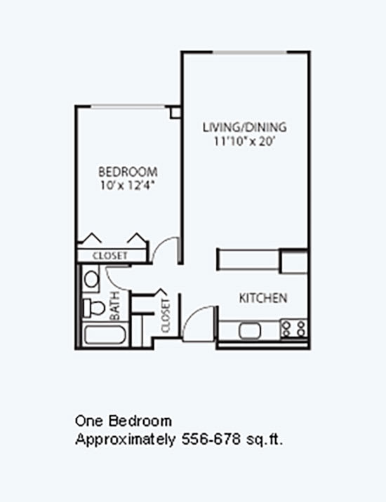 A floor plan for a one-bedroom apartment, approximately 566-578 sq. ft., featuring a living/dining area, kitchen, and bathroom.