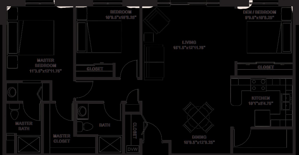 A schematic floor plan of a one-bedroom apartment, showcasing the arrangement of rooms and furniture.