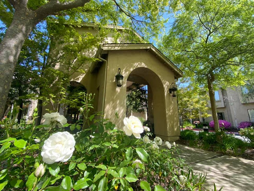 A charming entrance surrounded by lush greenery and blooming flowers.