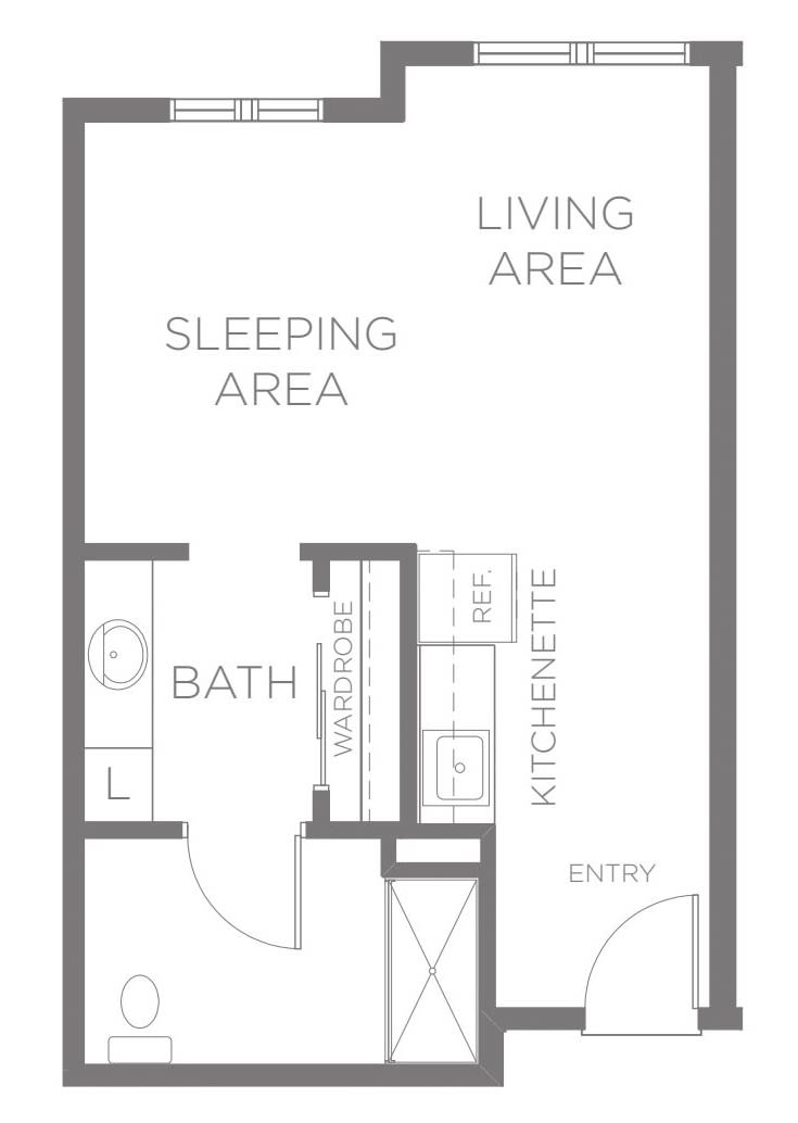 A simple floor plan of a studio apartment featuring a living area, sleeping area, kitchenette, and bathroom.
