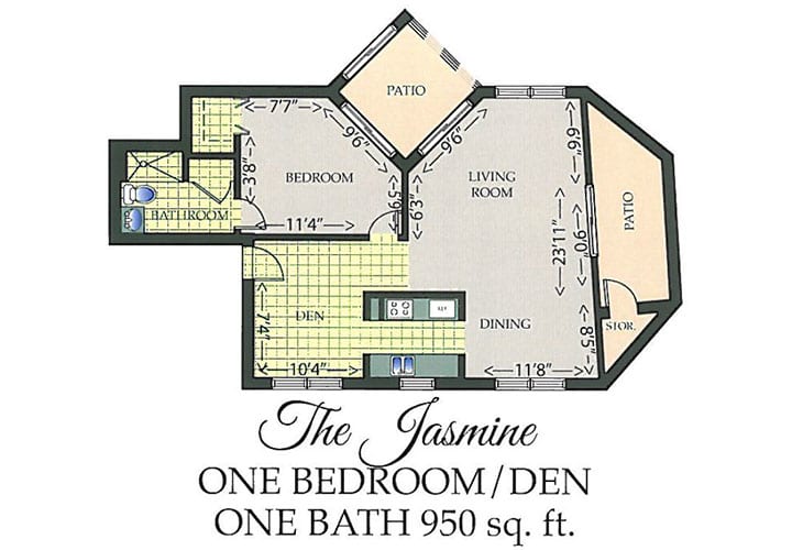 The Jasmine floor plan: One bedroom with a den and one bathroom, covering 950 sq. ft.