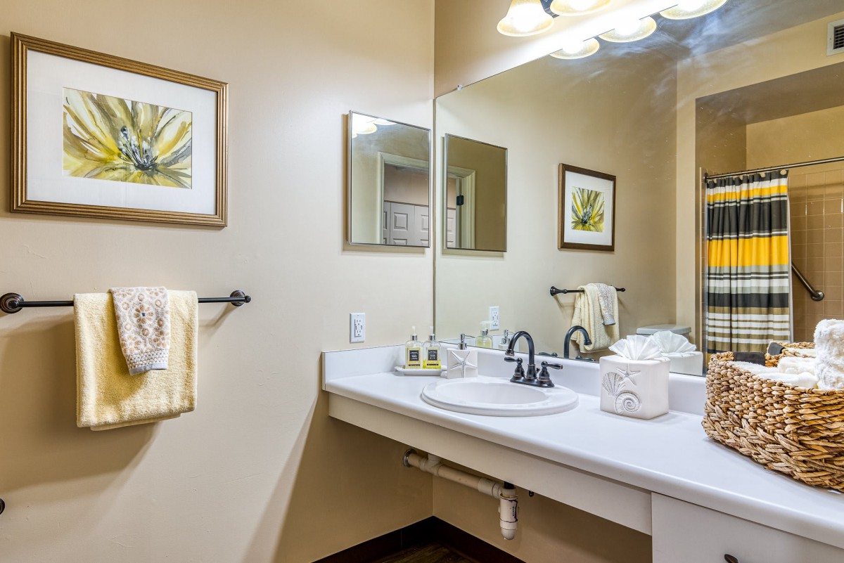 A neatly arranged bathroom with a large mirror, sink, and decorative artwork on the walls.