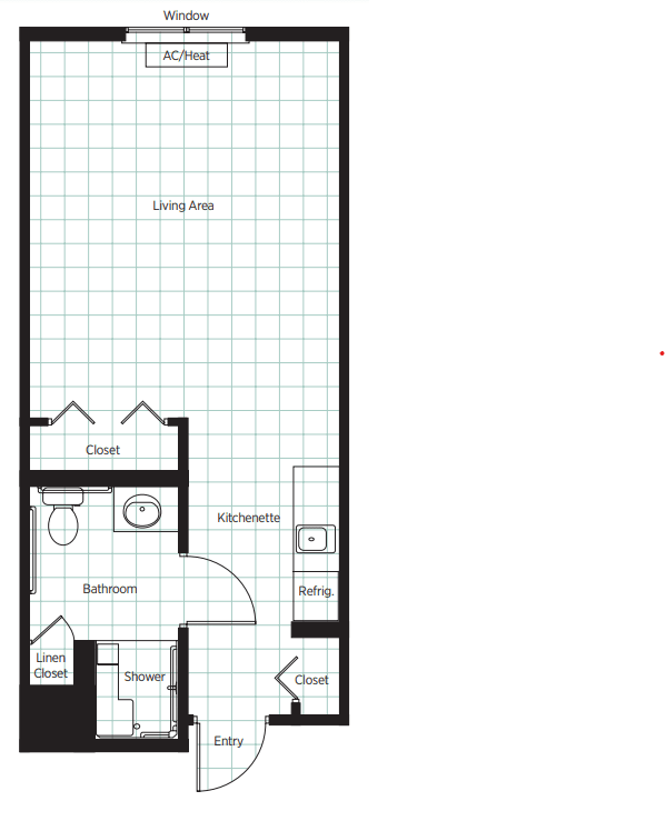 A floor plan of a small apartment featuring a living area, kitchen, bathroom, and bedroom.