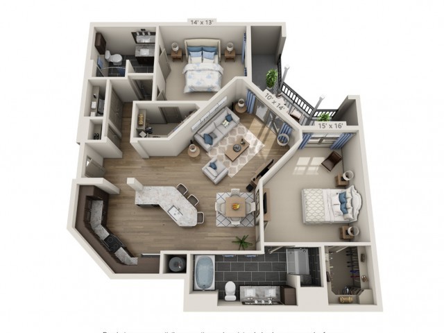 A 3D floor plan of a modern apartment featuring two bedrooms, an open kitchen, and a spacious living area.
