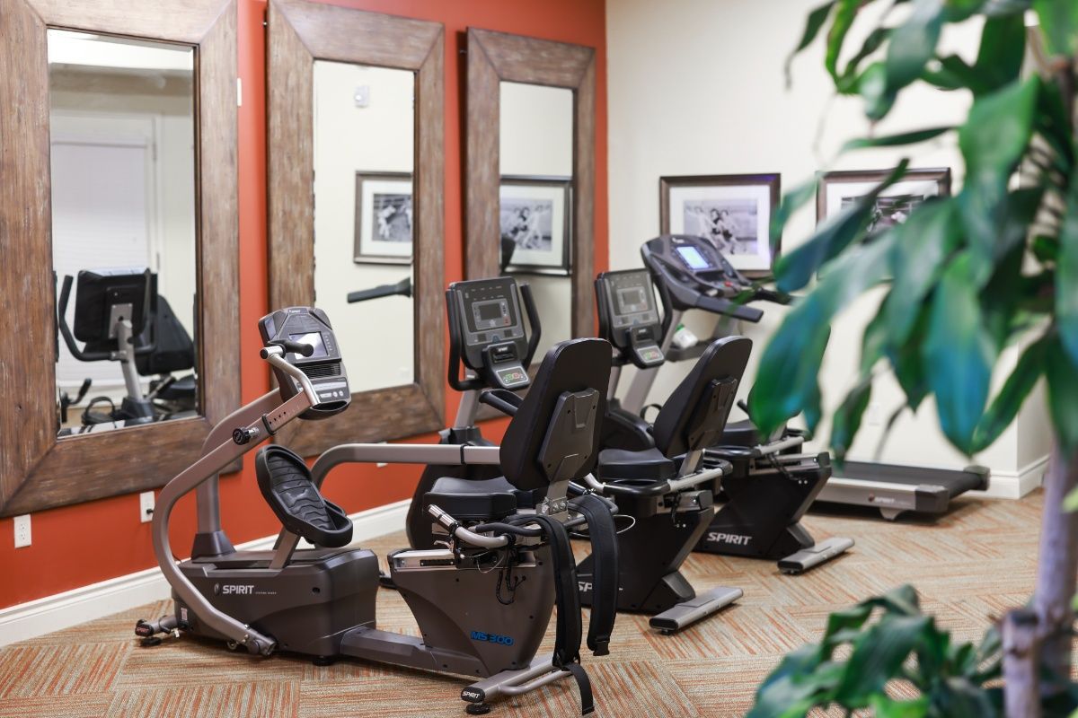 A modern gym with cardio exercise bikes and mirrors on the walls.